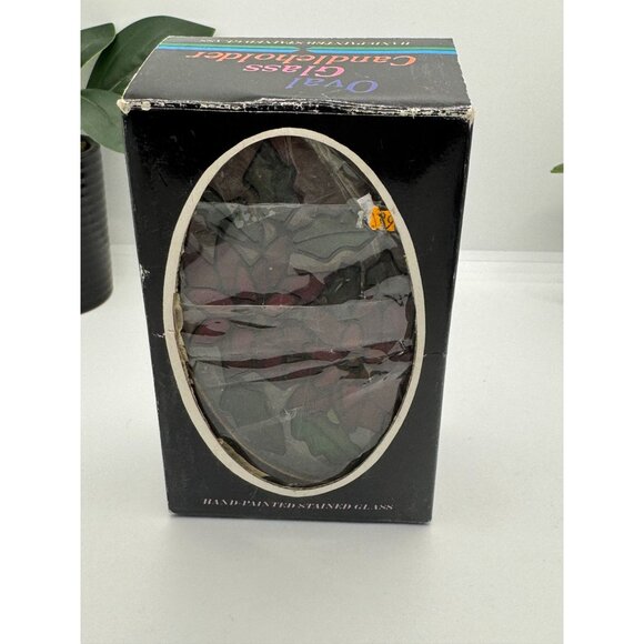 Stained Glass Poinsettia Oval Panel Candle Holder Decor On Textured Glass - Picture 10 of 10
